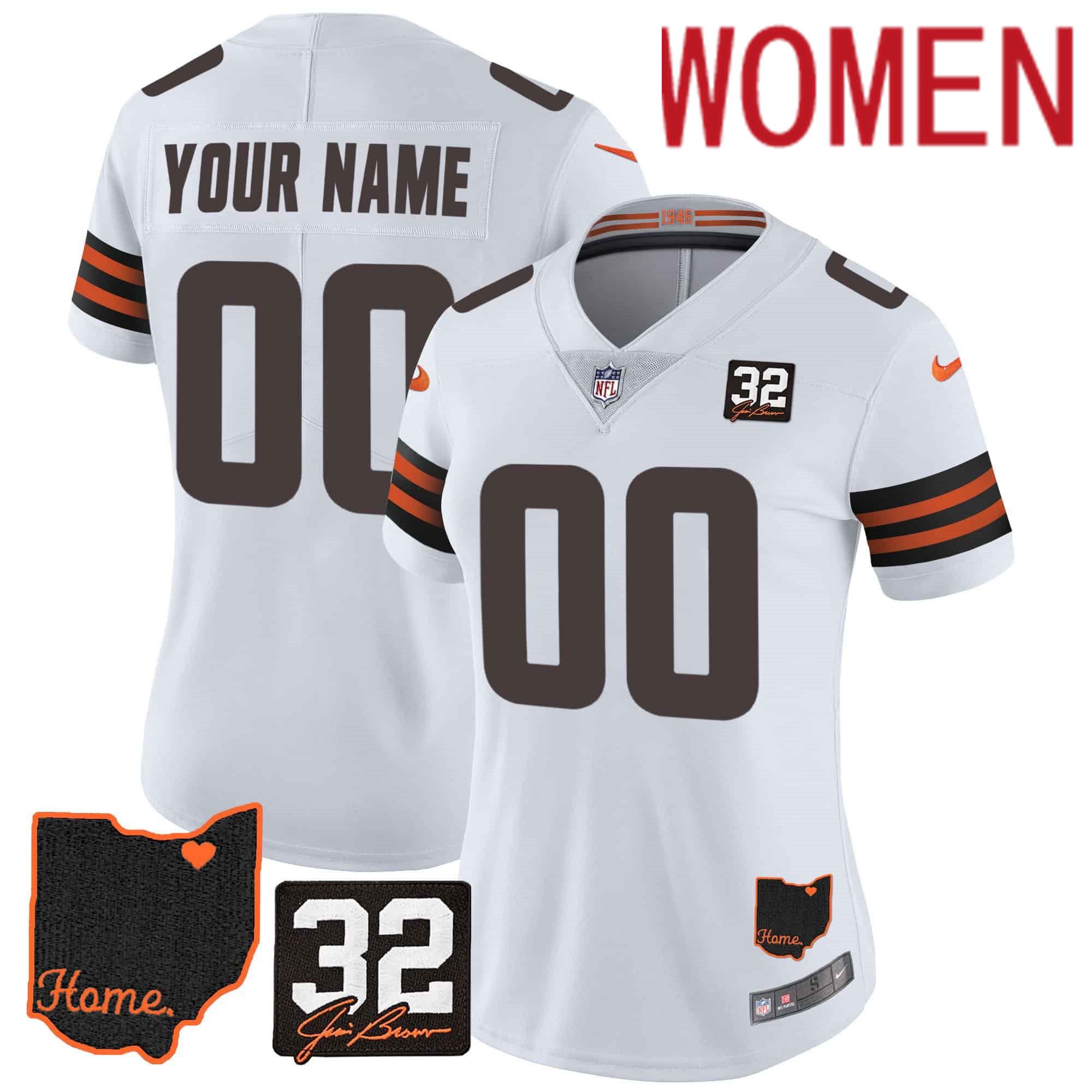 Women Cleveland Browns White #32 Jim Brown Memorial Home Patch Custom 2024 Nike NFL Jersey->customized nfl jersey->Custom Jersey
